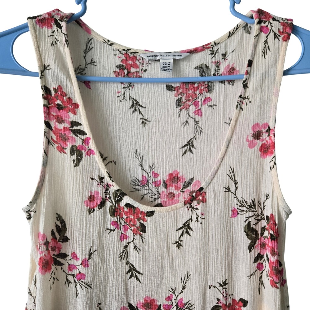 American Eagle Womens XS Floral Tiered Mini Dress Cream Pink Viscose Babydoll